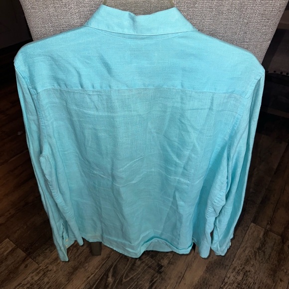 Talbots Vintage 100% Irish Linen Aqua Button Down Long Sleeve Top Size Large - Picture 2 of 6